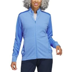 Adidas Women's Textured Full Zip Jacket -Elite Golf Shop adidas ss23 womens textured full zip jacket blue fusion model itempicture